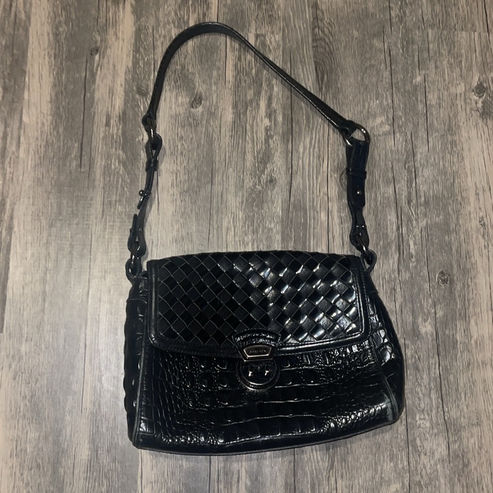 BRAHMIN Black Croc Embossed / Woven Leather Shoulder Bag - Picture 3 of 11